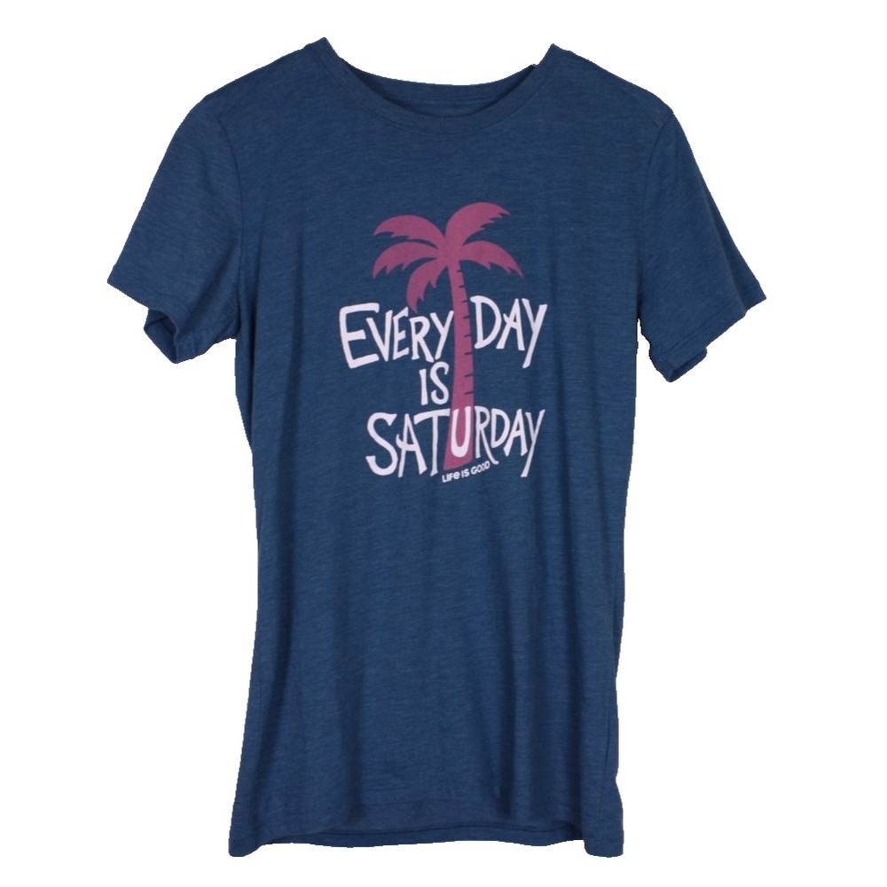 Life is Good Womens T-shirt Everyday is Saturday Blue Size Medium Palm Tree Top